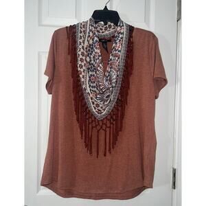 Style & Co Boho Womens Sz L Short Sleeve Top Detachable Fringed Scarf Rust Red
